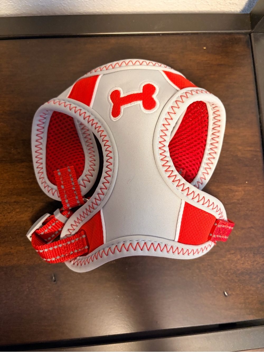 2 Red and Silver Dog Harnesses with Bone Logo